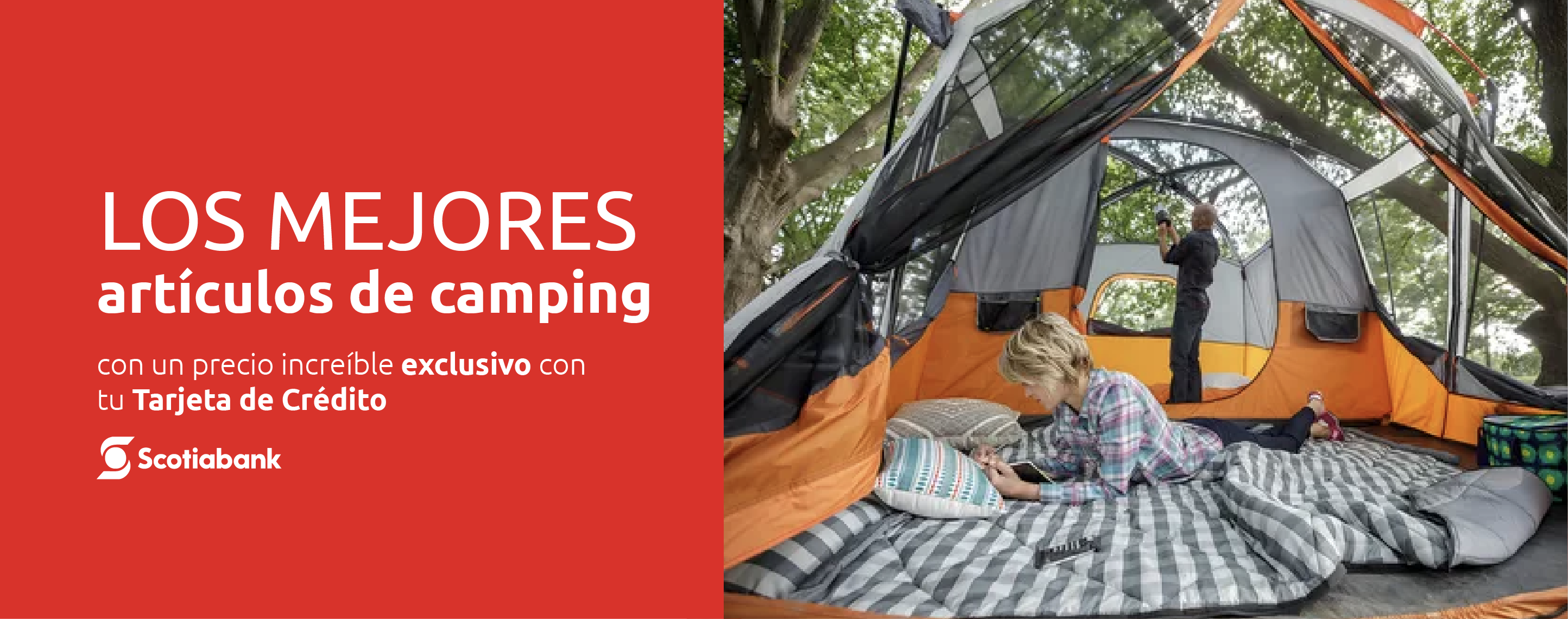 Banner de artículos de camping con descuentos exclusivos pagando con tarjeta de crédito scotiabank